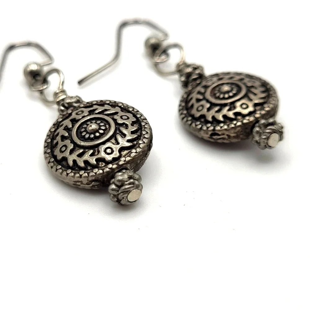 Silvertone Antiqued Button Medallion Style‎ Dangle Drop Hook Earrings